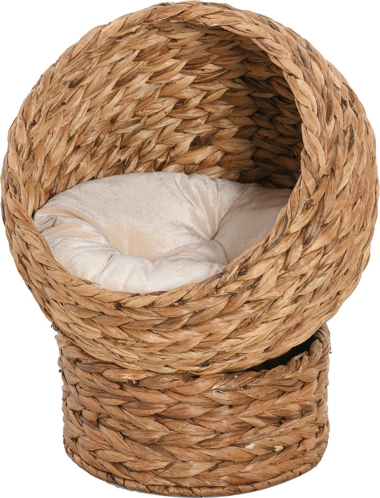 PawHut Cesto de Rattan para Gatos, Caverna/Casinha/Cama para Gatos com Almofada, Cama para Animais Junco d'água Castanho 50 x 42 x 60 cm | Aosom Portugal