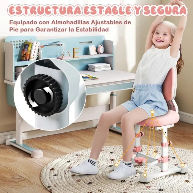 Cadeira de de escritório para crianças com encosto duplo ajustável, apoio para os pés, altura e profundidade do assento ajustáveis, rosa