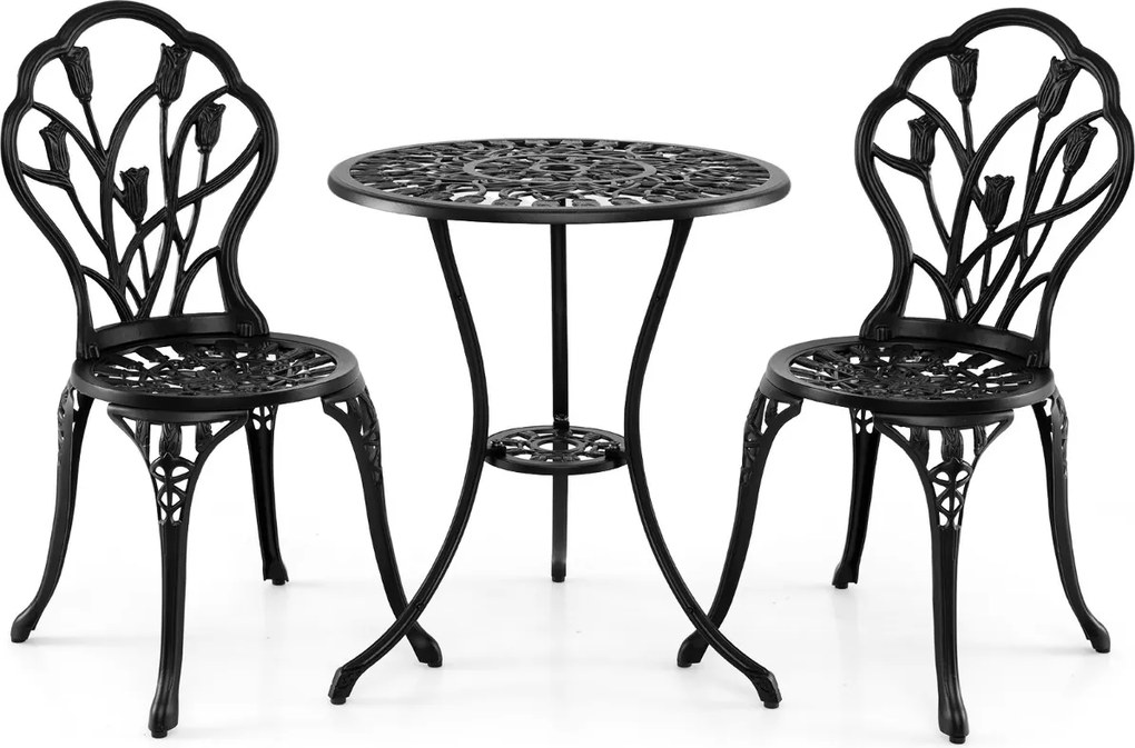 Conjunto de Jardim de 3 peças em alumínio fundido: mesa e cadeiras de exterior para todas as condições meteorológicas, com orifício para guarda-sol, i