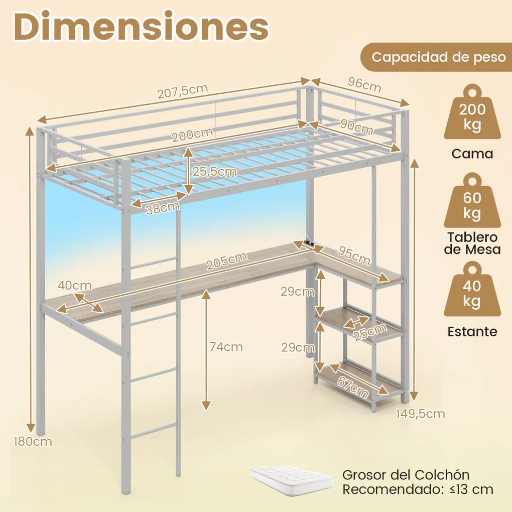 Cama alta 200 x 90 cm com secretária para crianças com estação de carregamento LED  de metal com corrimão e escada prata