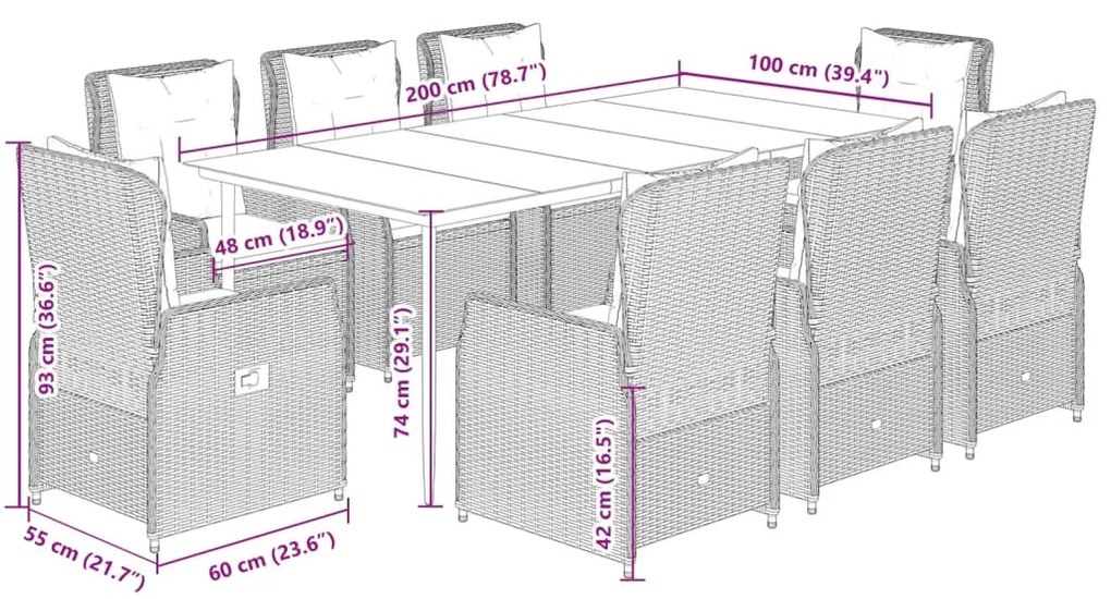 9 pcs conjunto de jantar p/ jardim com almofadões vime PE bege