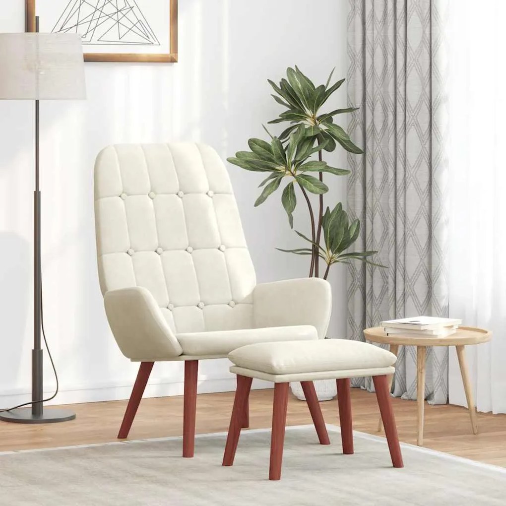 vidaXL Cadeira de descanso com banco p/ pés veludo branco nata