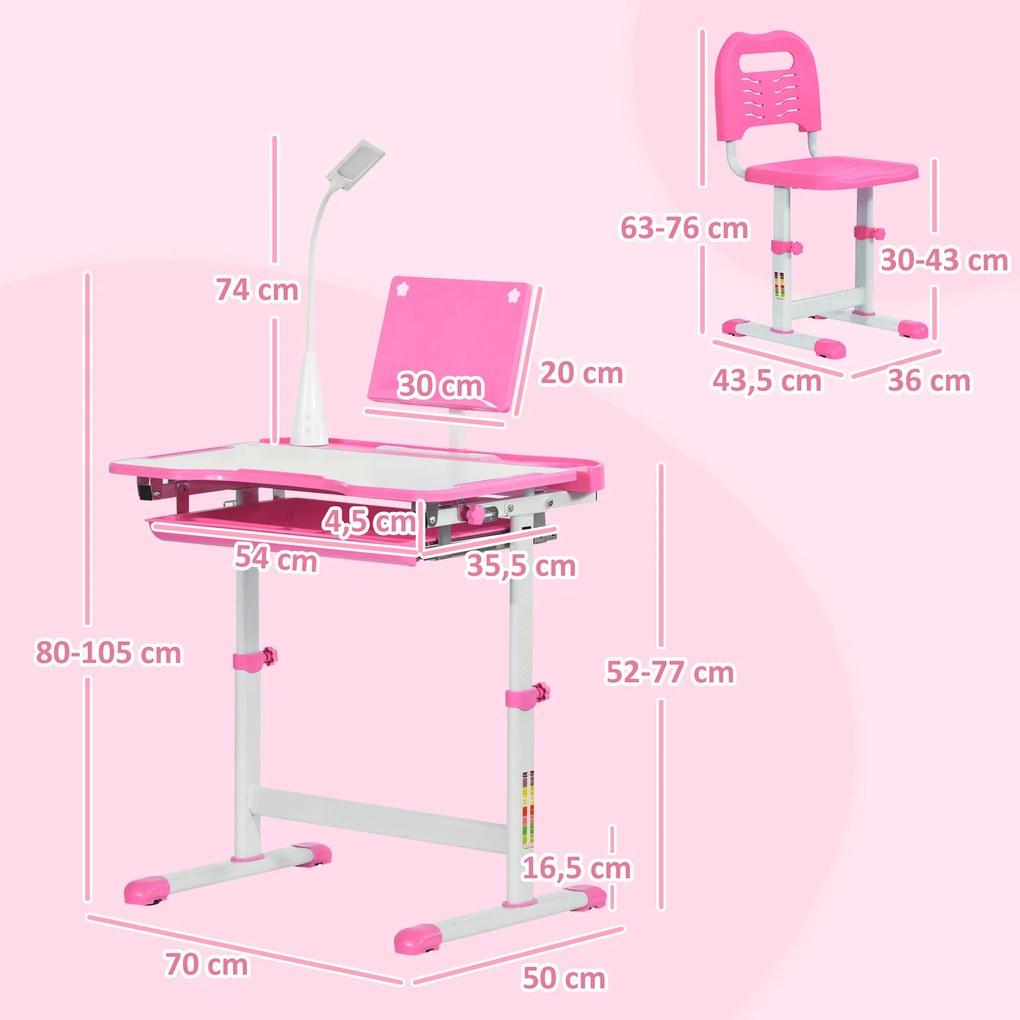 Conjunto de Secretária e Mesa para Crianças acima de 6 Anos com Altura Ajustável Mesa Inclinável e Lâmpada Rosa