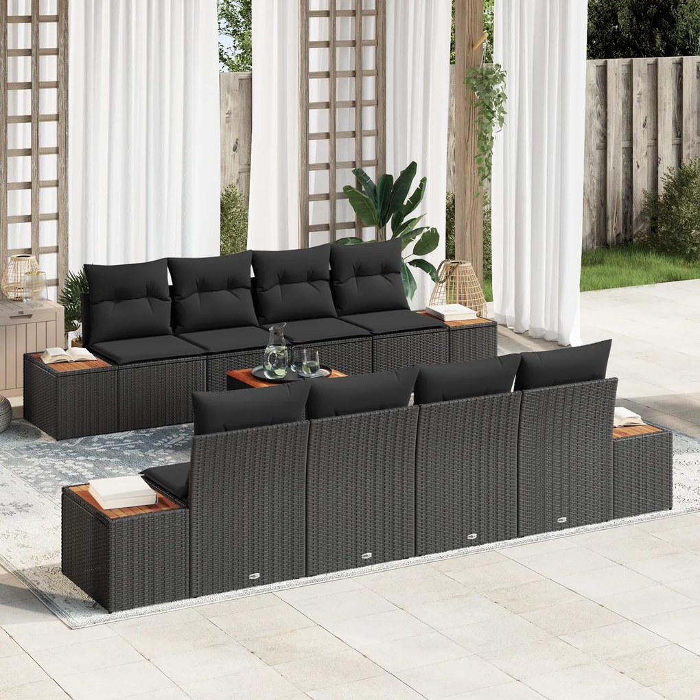vidaXL Conjunto de Sofá de Jardim de 9 Peças com Almofadas Preto Rattan Sintético Acácia