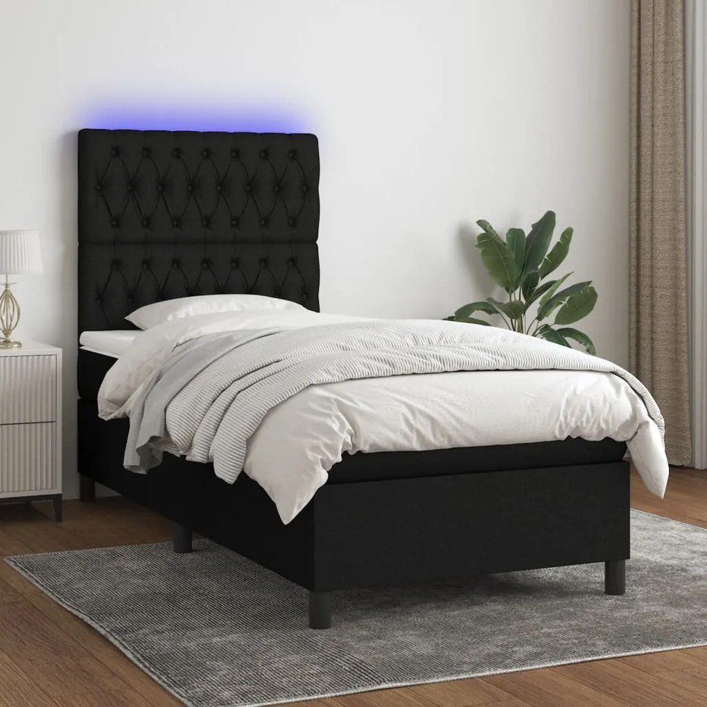 Cama box spring c/ colchão e LED 100x200 cm tecido preto