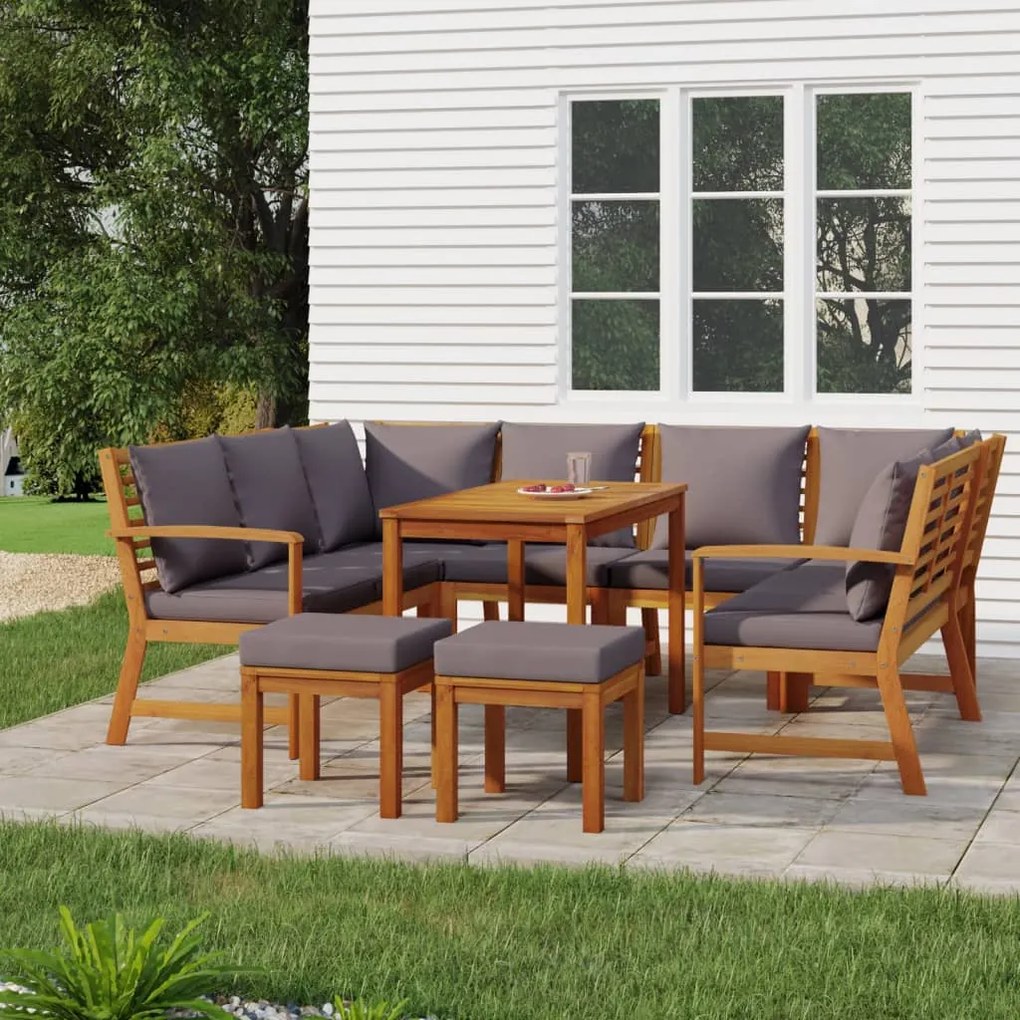 vidaXL 9 pcs conjunto de jantar p/ jardim c/ almofadões acácia maciça