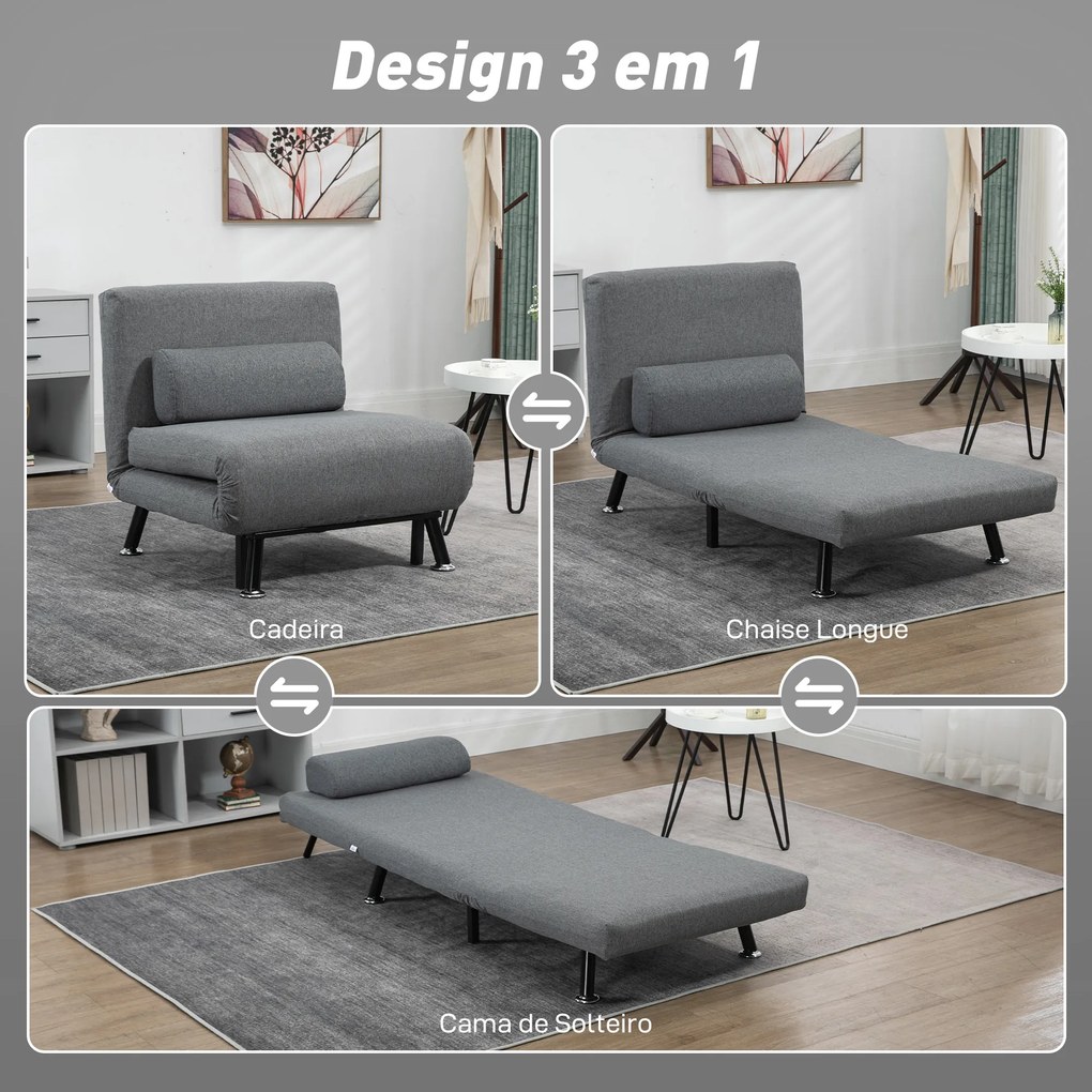 Sofá Cama Individual Dobrável com Encosto Ajustável em 5 Níveis Almofada e Estofado de Linho Sintético 75x70x75 cm Cinzento