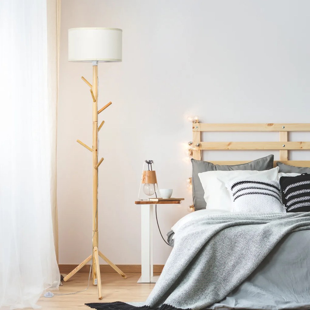 Candeeiro de Pé com Cabide Candeeiro de Madeira Multifuncional com Pedal para Sala Quarto Escritório Corredor 47 x 55 x 185 cm