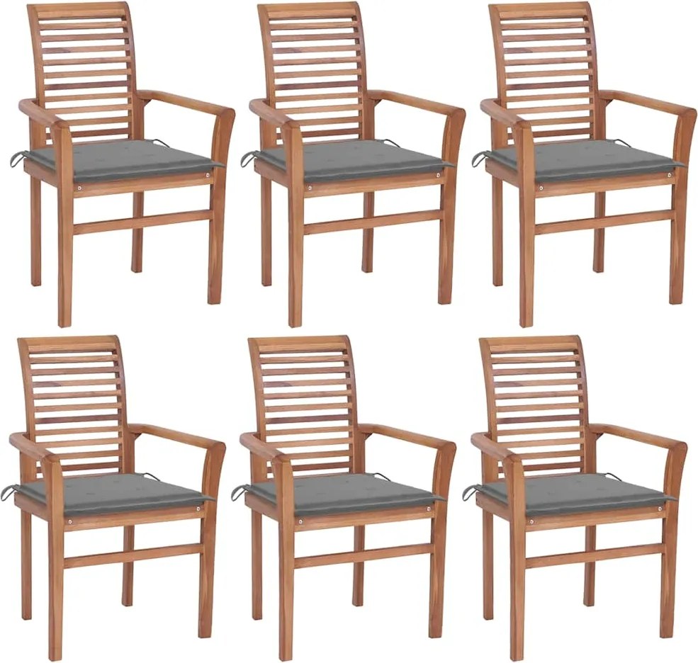 vidaXL Cadeiras de jantar c/ almofadões cinzentos 6 pcs teca maciça