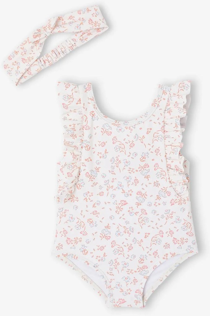 Conjunto de banho para bebé com fato de banho e bandolete cru