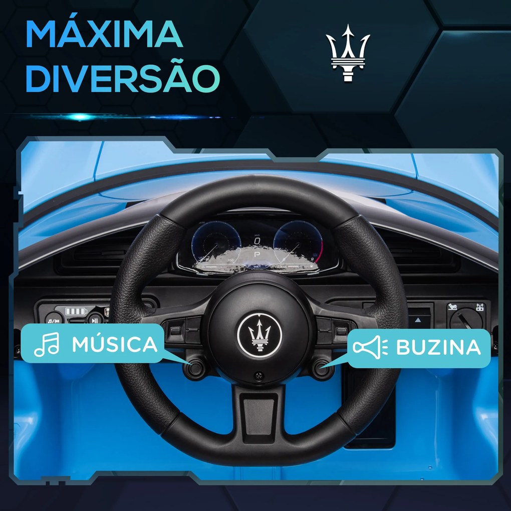 Carro Elétrico para Crianças com Licença Maserati MC20 com Bateria 12V Controlo Remoto Farois Buzina e Música 105x65,5x42 cm Azul