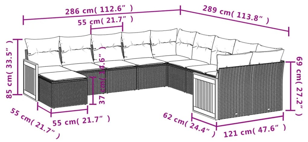 11 pcs conjunto sofás de jardim c/ almofadões vime PE preto