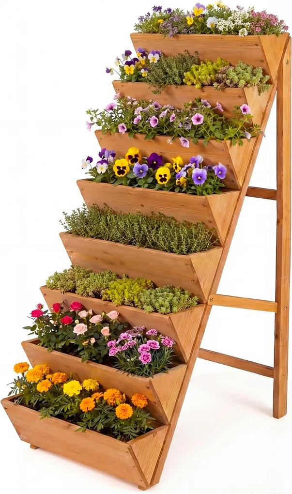 Floreira vertical 101 x 60,5 x 150 cm em degraus de madeira de abeto com 8 vasos para ervas aromáticas, legumes e flores – terraço, varanda, madeira