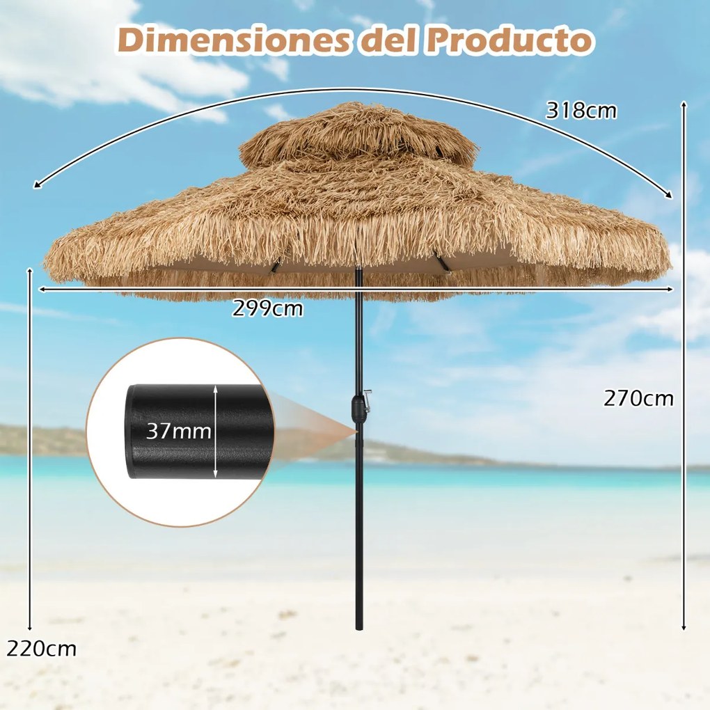 Guarda-sol Tiki 299 cm de praia estilo havaiano com manivela Ajuste fácil da inclinação Tampa ventilada 8 varas Natural+Preto