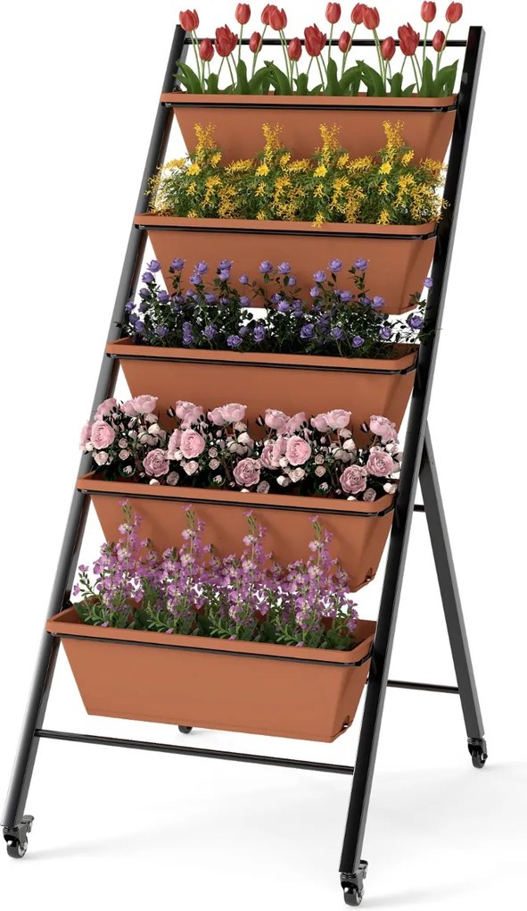 Floreira Escada 57 x 74 x 132 cm de 5 níveis com suporte metálico para vasos de jardim escalonado com rodas bloqueáveis e fileiras de orifícios de dre
