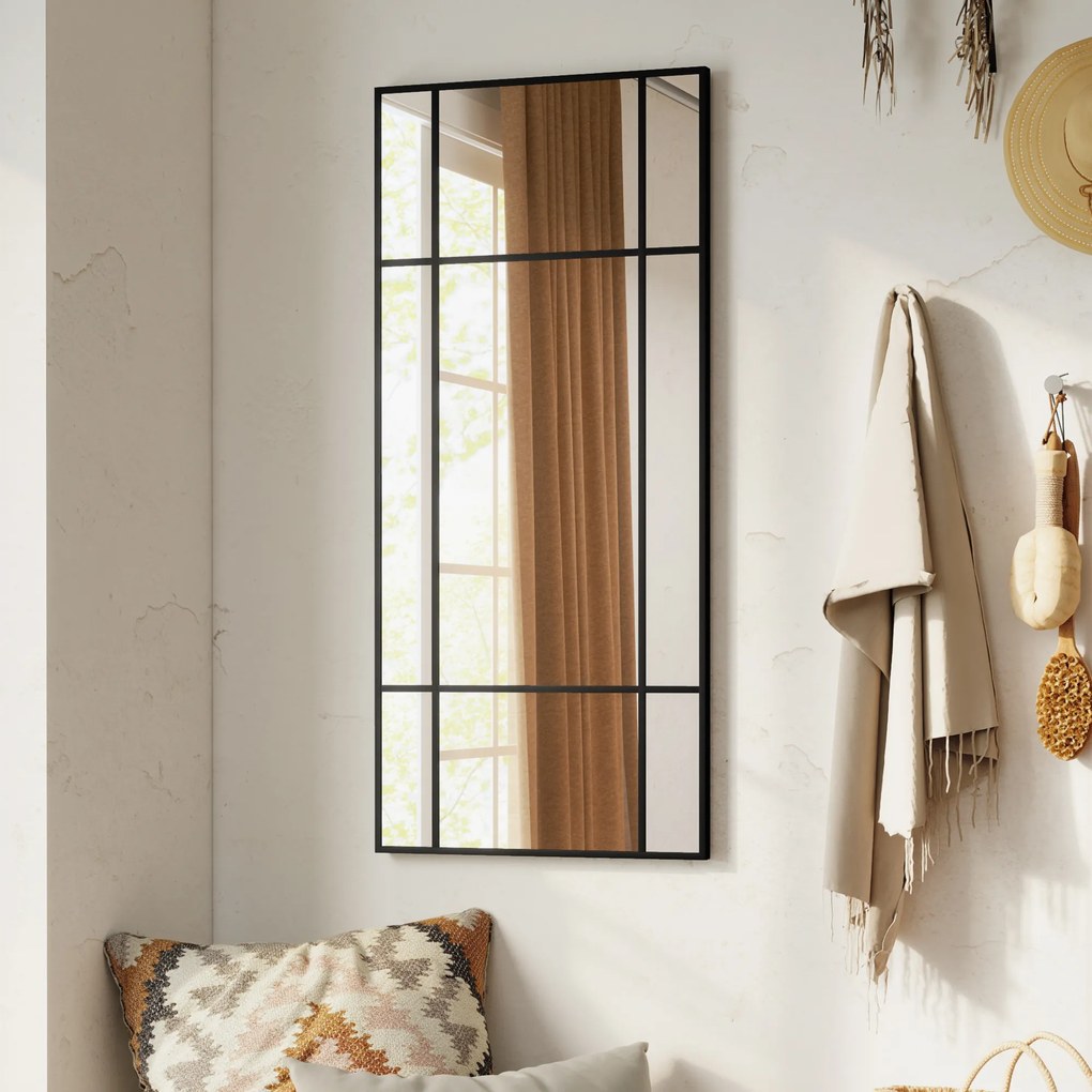 Espelho de Parede Retangular Estilo Janela, 110 x 2 x 50 cm, Instalação Horizontal ou Vertical, Preto