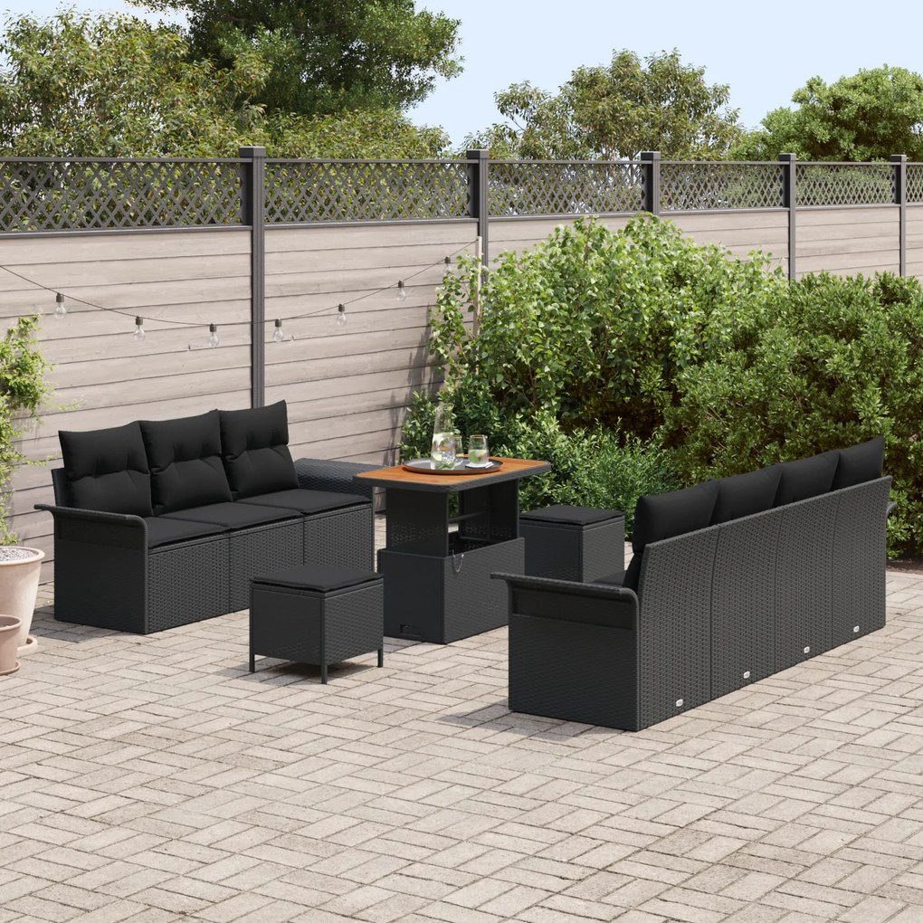 Conjunto de Sofá de Jardim de 10 Peças com Almofadas Preto Rattan Sint