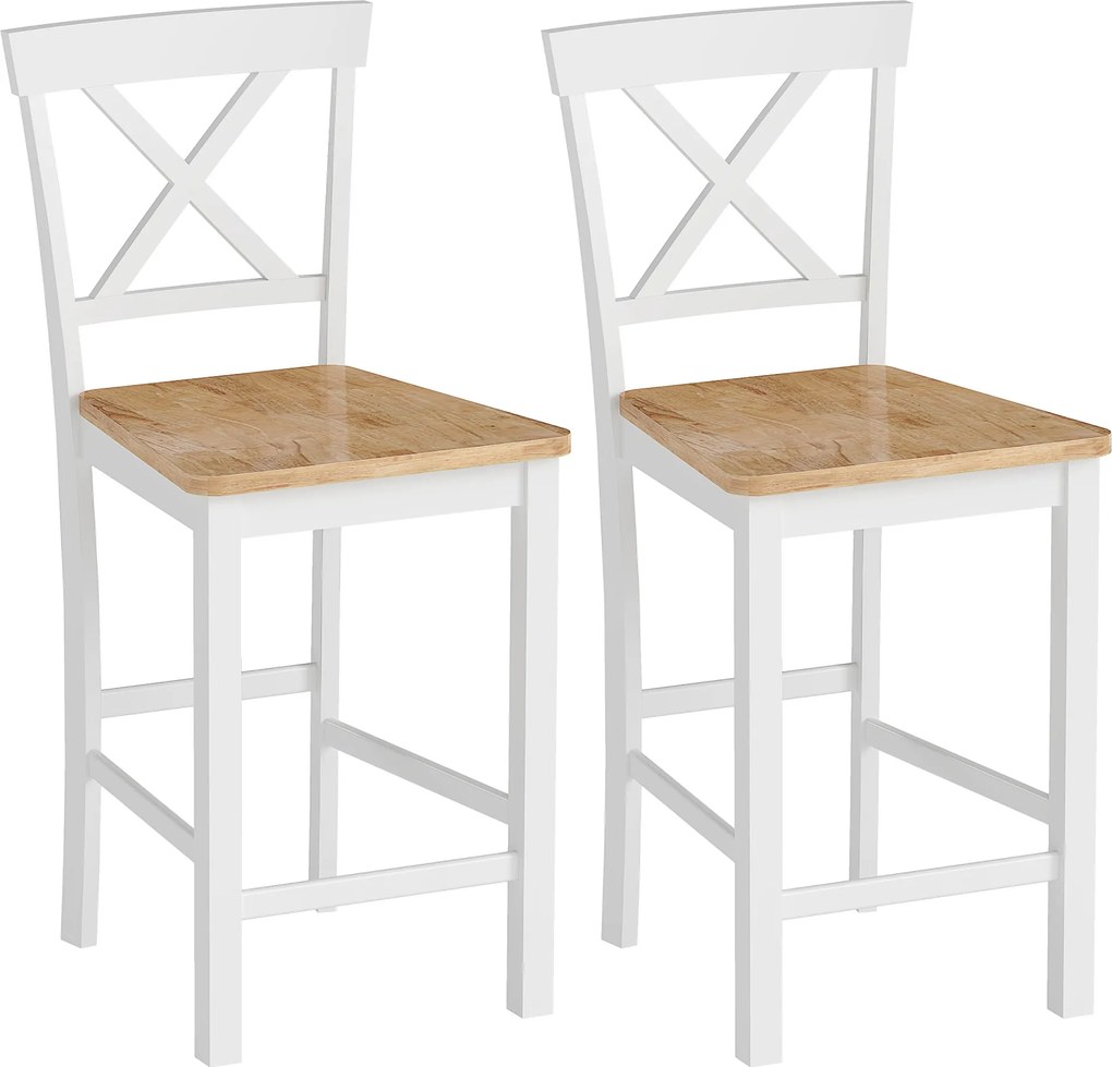 HOMCOM Conjunto de 2 banquetas com encosto e apoio para pés, madeira de seringueira, para cozinha, sala de jantar, bar, Carvalho+Branco | Aosom Portugal