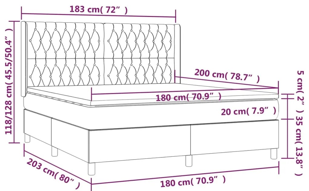 Cama box spring c/ colchão/LED 180x200 cm veludo cinzento-claro