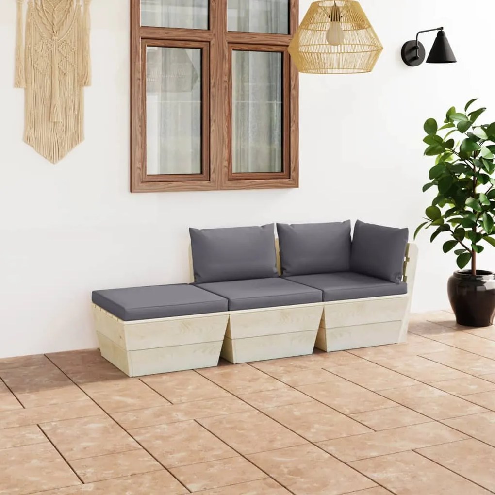 vidaXL 3 pcs conjunto lounge de paletes + almofadões madeira de abeto