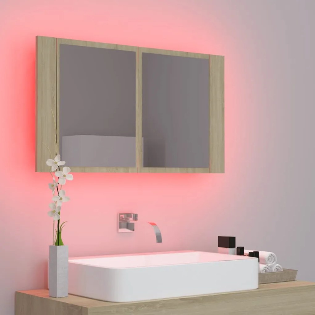 Armário espelhado casa de banho LED acrílico carvalho sonoma