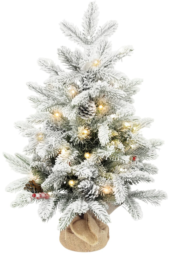 Mini Árvore de Natal Artificial com 35 Luzes LED 182 Ramos com Neve Pinhas Bagas e Base de Saco de Juta Ø48x60 cm Verde