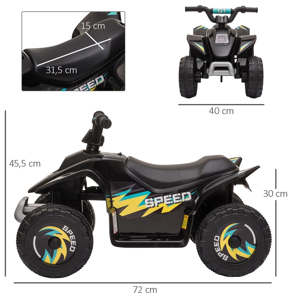 Moto 4 Elétrica para Crianças de 18-36 Meses a Bateria 6V com Avance e Retrocesso 72x40x45,5cm Preto