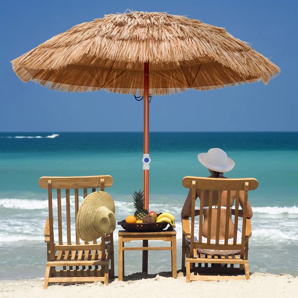 Guarda-sol Havaiano Tiki com telhado de colmo, inclinável e portátil 175 x 194 cm em Palha PP, tecido de poliéster e cor Natural