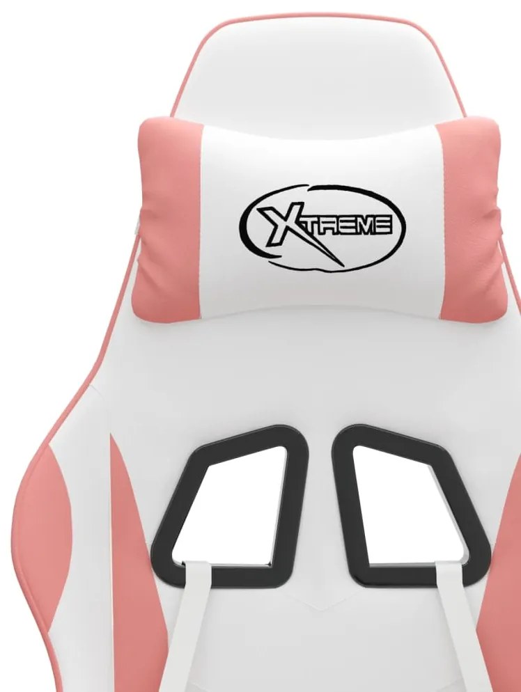 Cadeira gaming giratória c/ apoio pés couro artif. branco/rosa