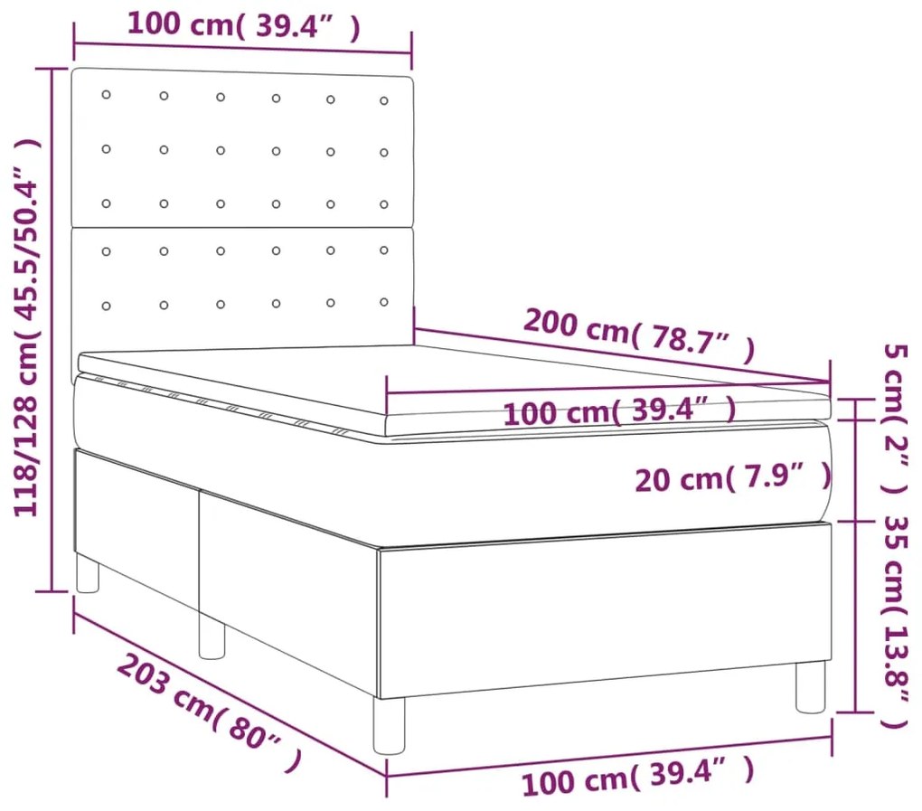 Cama box spring c/ colchão e LED 100x200 cm tecido cinza-claro