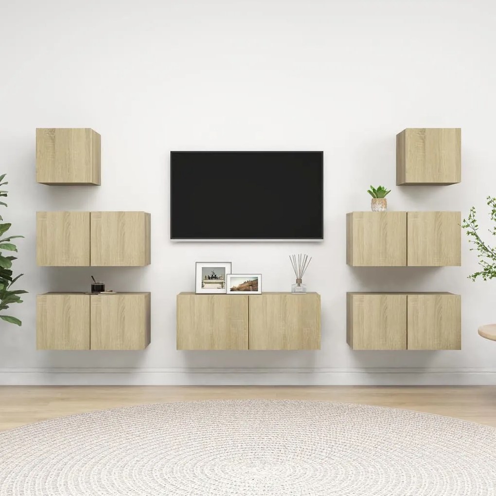 7 pcs conjunto móveis de TV derivados madeira carvalho sonoma
