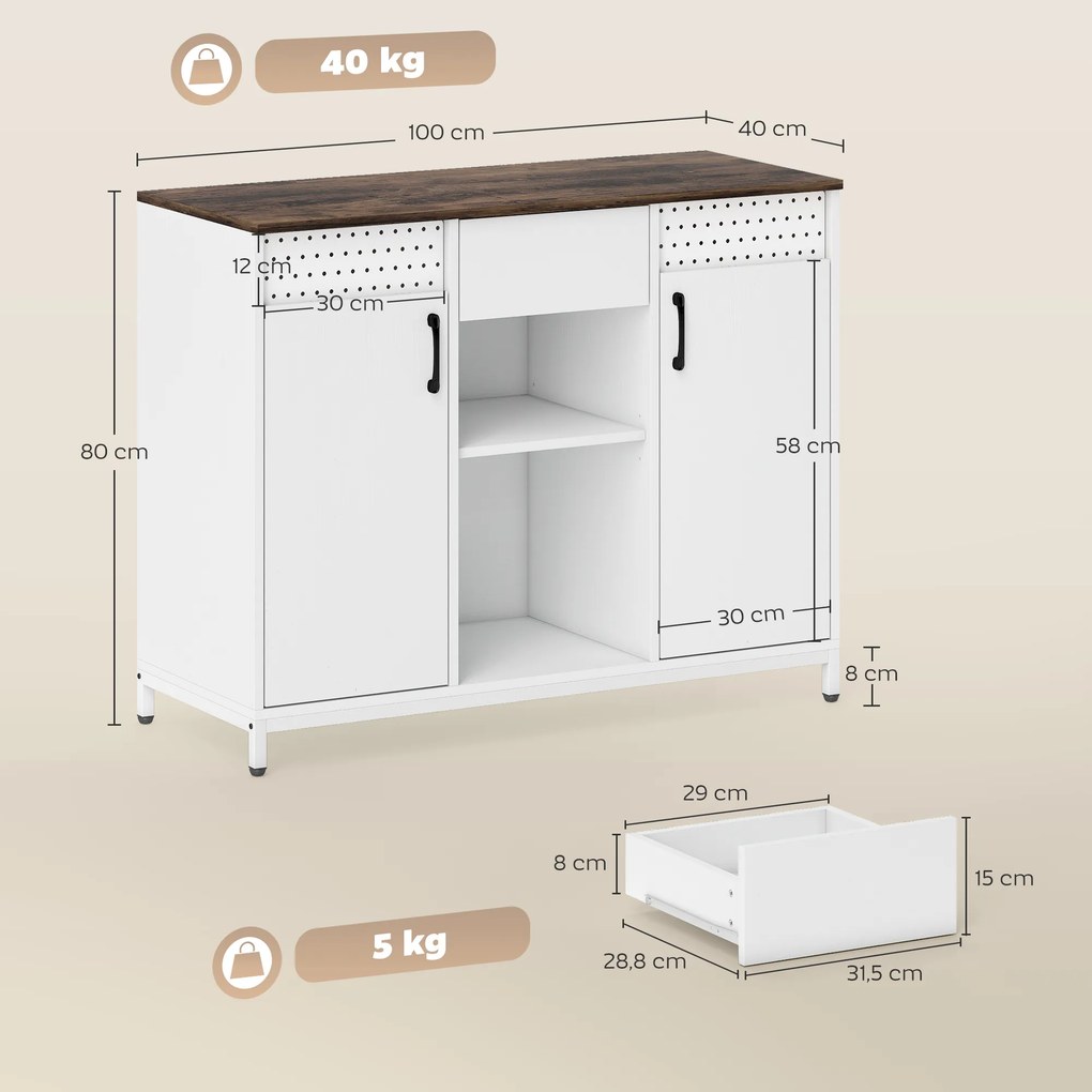 Aparador de 2 Portas com Orifícios 2 Compartimentos e Gaveta Prateleiras Ajustáveis 100x40x80 cm Branco e Castanho Rústico