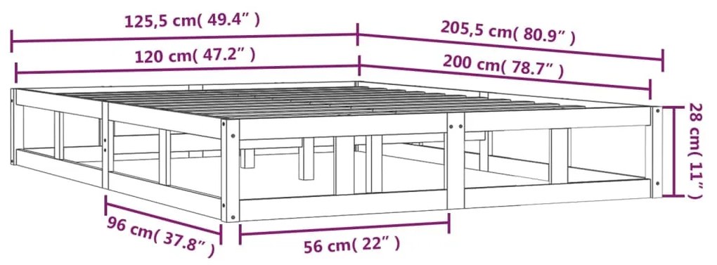 Estrutura de cama 120x200 cm madeira maciça cinzento