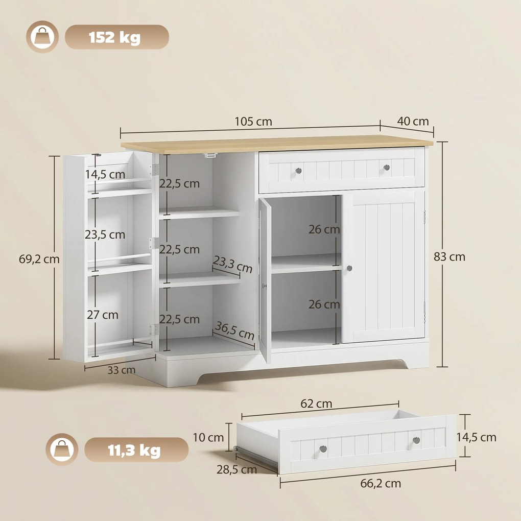 Armario de cozinha, 105 x 40 x 83 cm com 3 portas, gaveta, prateleiras nas portas e prateleira ajustável, branco