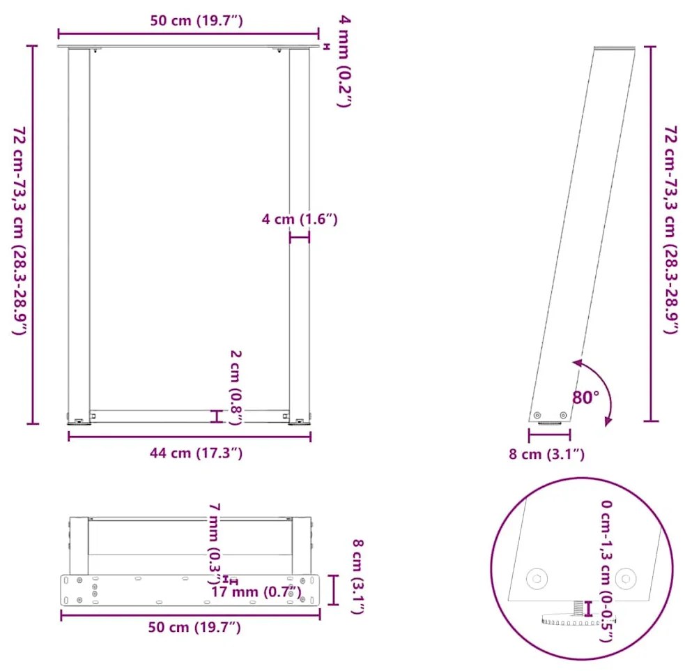Pés para mesa de jantar em formato de U, 2 peças, antracite, 50x(72-73