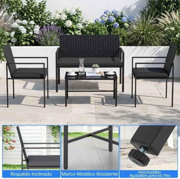 Conjunto de jardim de 4 peças em rattan para exterior: cadeiras, sofá, mesa de centro em vidro temperado e almofadas macias; ideal para jardim, alpend
