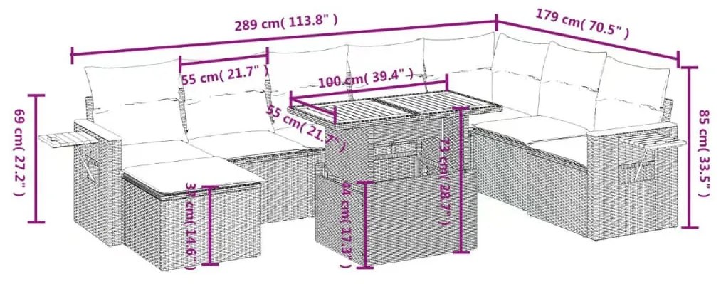 9 pcs conjunto de sofás p/ jardim c/ almofadões vime PE preto