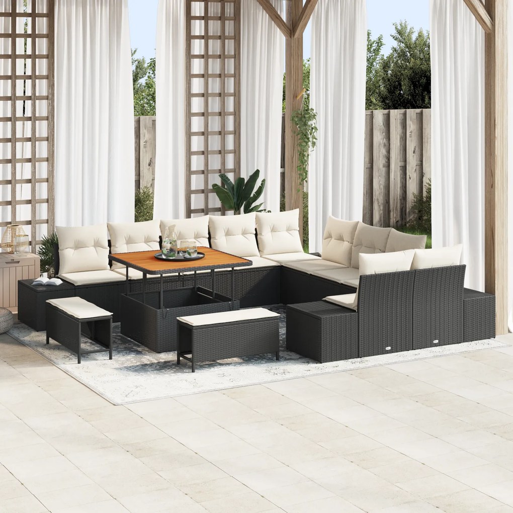 Conjunto de Sofá de Jardim vidaXL de 13 peças com Almofadas Preto Poliratan Acácia