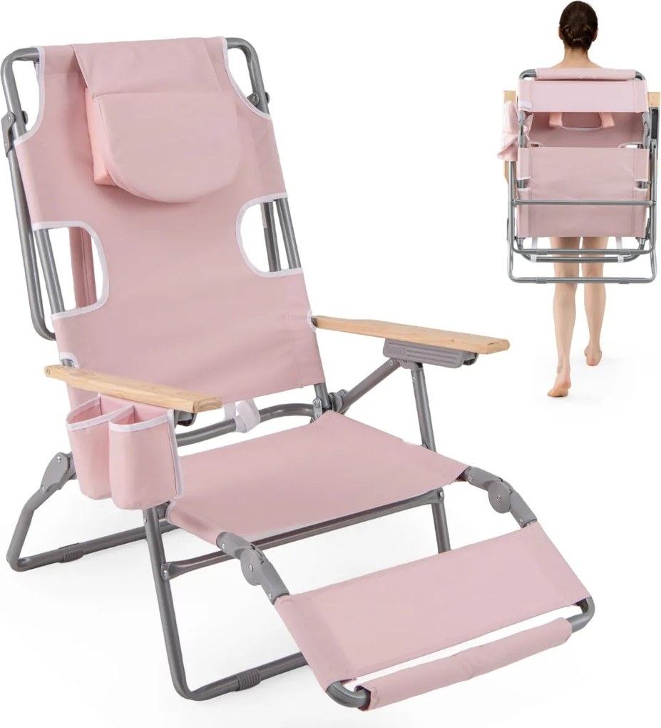Cadeira de praia dobrável 3 em 1 com orifício para o rosto, apoio para os pés, encosto reclinável e transportável para apanhar sol, Rosa