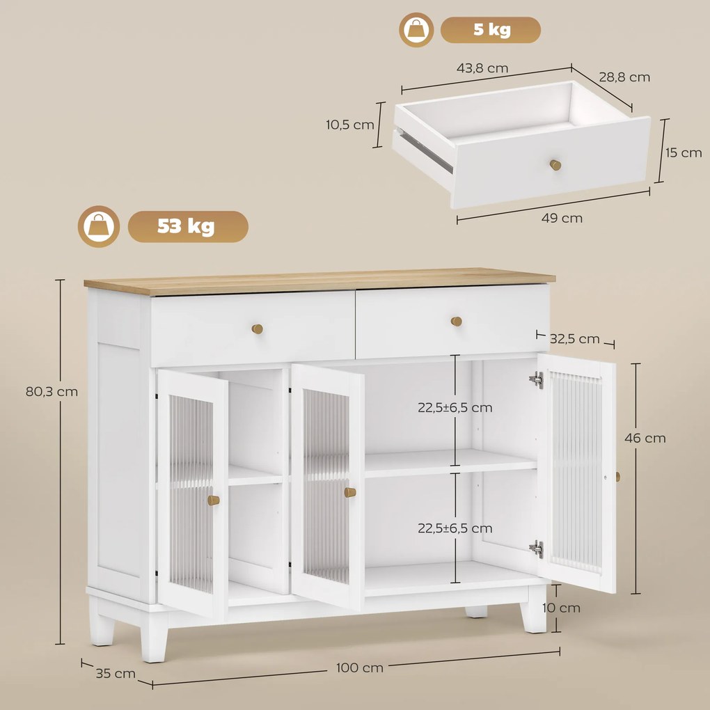 Aparador Branco 3 Portas de Vidro Aparador Sala de Estar Moderno com 2 Gavetas e Prateleiras Ajustáveis 100x35x80,3 cm