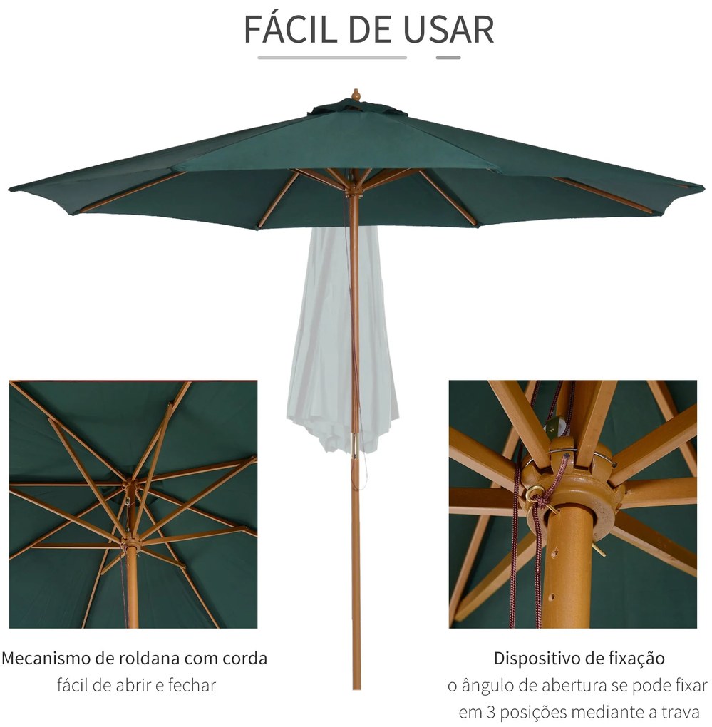 Chapéu de Sol Ø300x250cm Chapéu de Sol com Mastro de Madeira com 8 Has