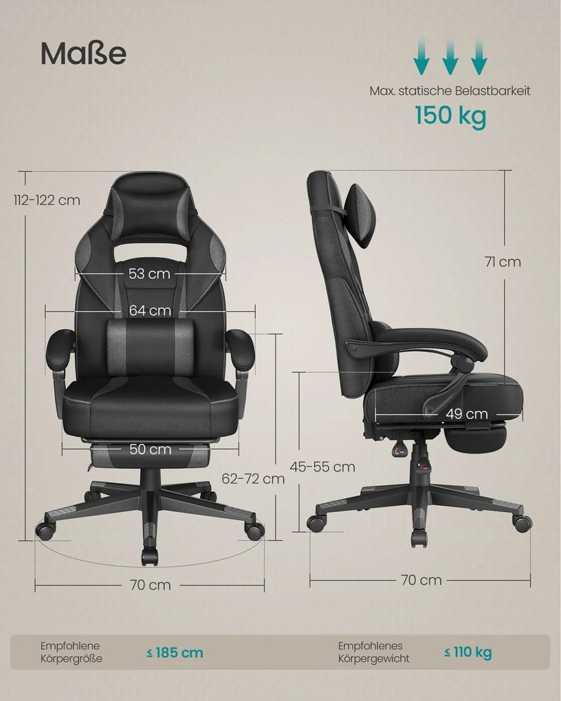 Cadeira gaming com apoio para os pés, apoio para a cabeça e almofada lombar, preto e cinza-ardósia