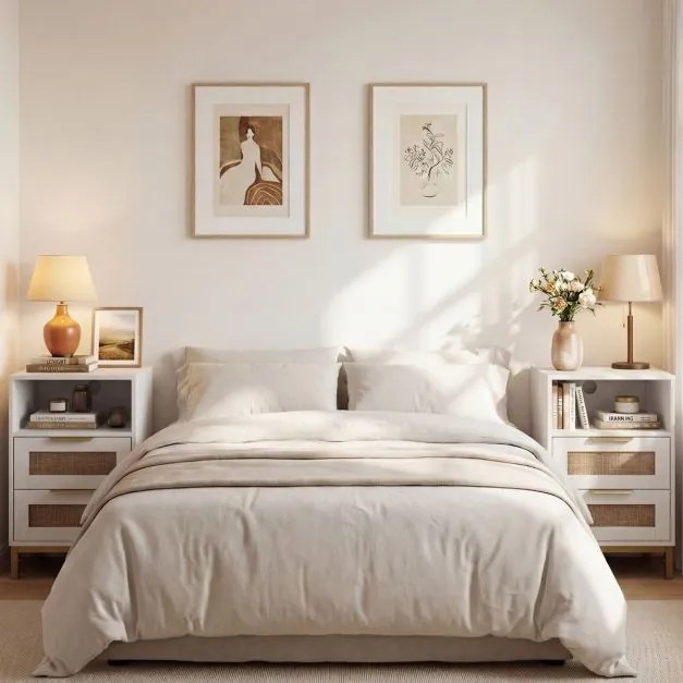 Conjunto de 2 mesas de cabeceira em rattan 60 x 35 x 61 cm com estação de carregamento e 2 gavetas estilo boho com armazenamento aberto branco e doura