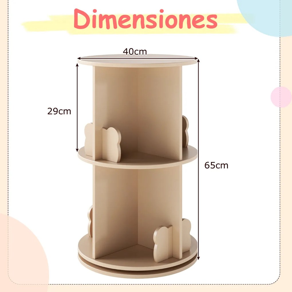Estante giratória para crianças Estante infantil com 2 níveis e separadores em forma de coelho 360 graus 40 x 40 x 65 cm Café