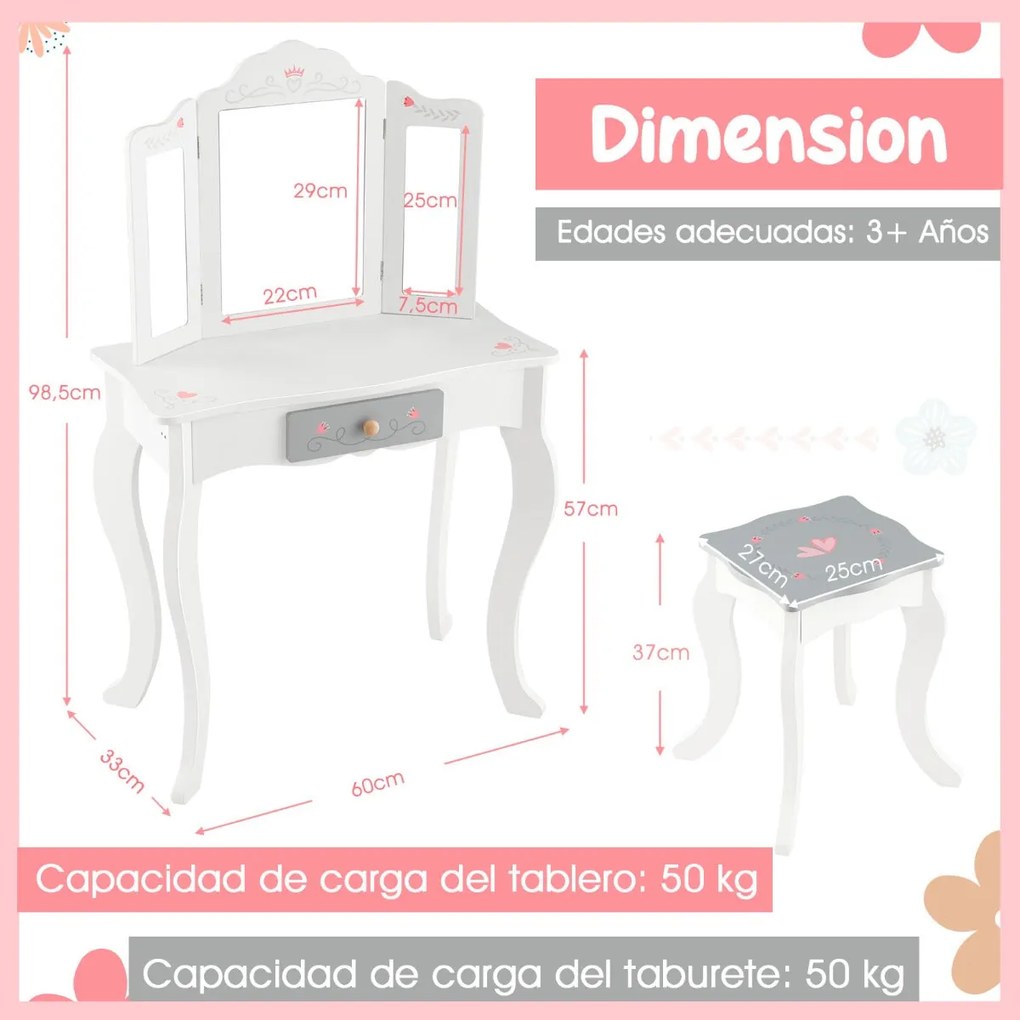 Toucador Infantil 2 em 1 "Aurora" - Mesa de Maquilhagem com Espelho Re