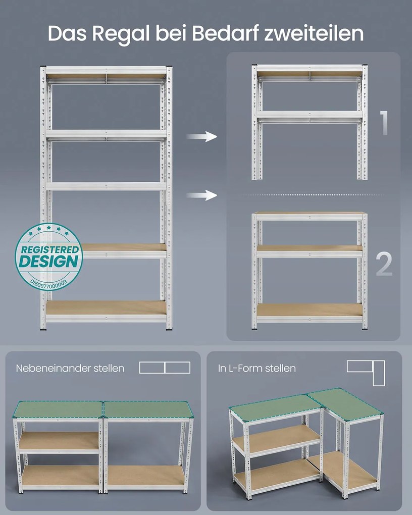 Conjunto de 2 estantes para cargas pesadas até 875 kg com prateleiras ajustáveis 30 x 75 x 150 cm Prateado
