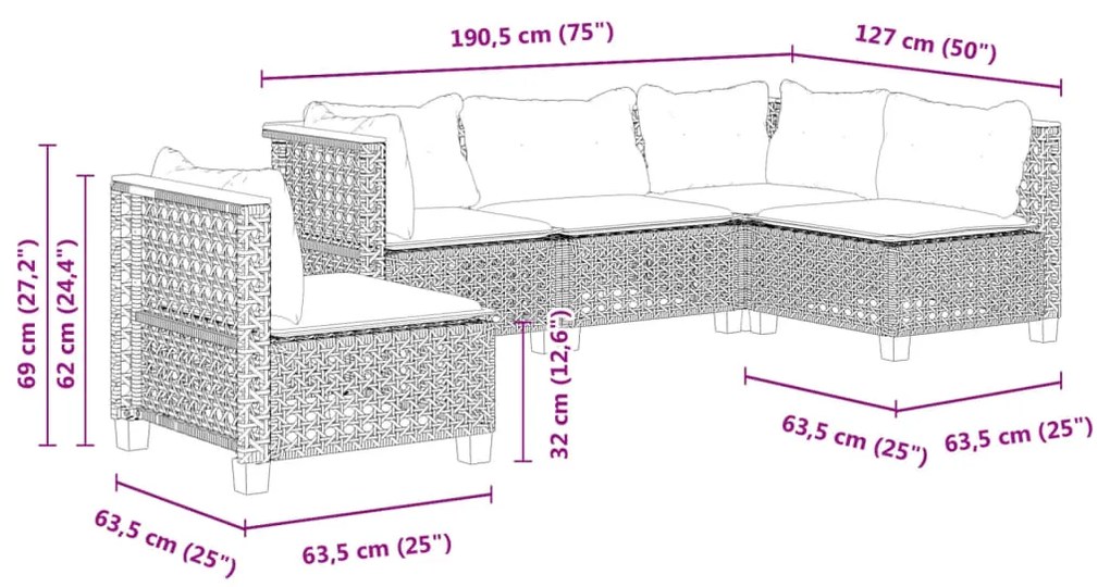 5 pcs conjunto sofás de jardim com almofadões vime PE preto
