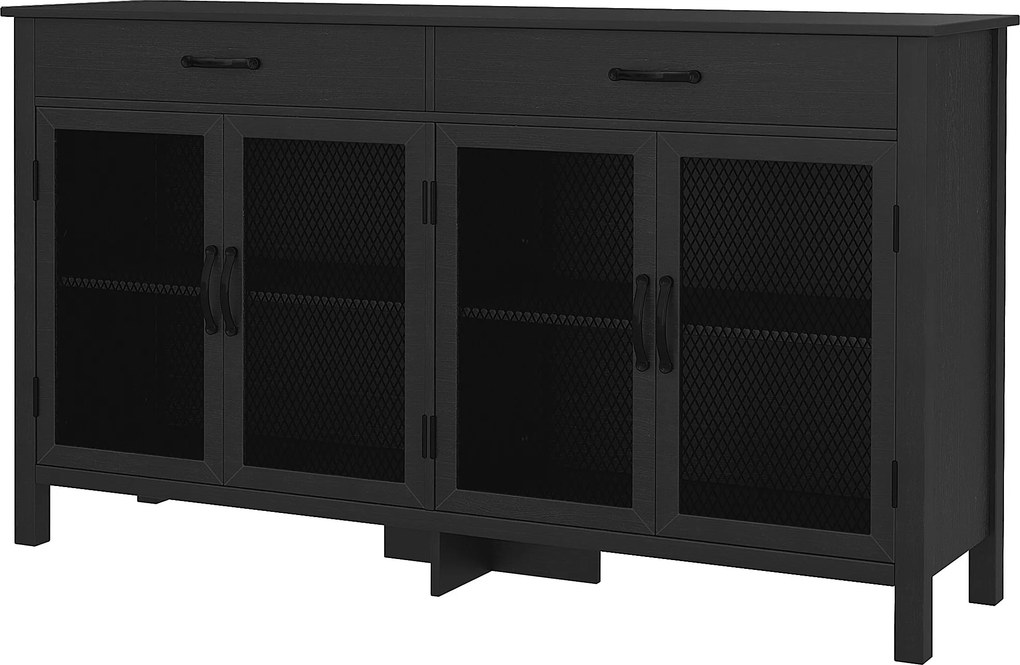 Aparador baixo com 4 portas, prateleiras ajustáveis e 2 gavetas, estilo industrial, 150 x 40 x 85 cm, preto