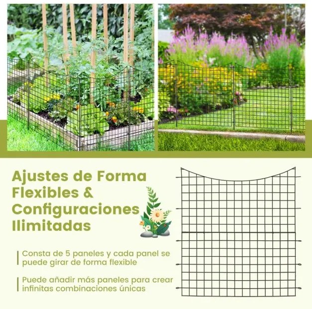 Cerca decorativa jardim com 5 painéis e 6 estacas Barreira exterior com revestimento em pó 87 X 98 cm Preto