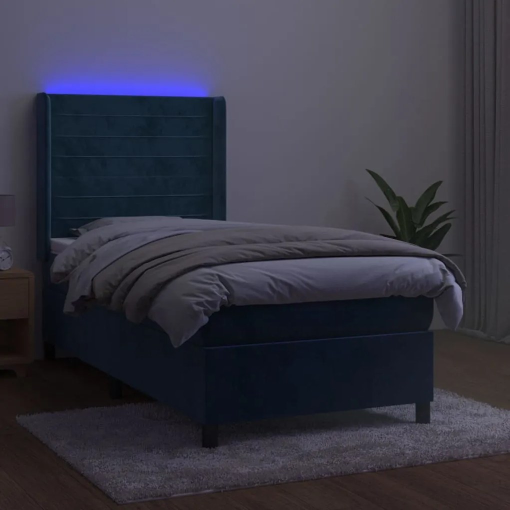 Cama box spring c/ colchão/LED 90x190 cm veludo azul-escuro